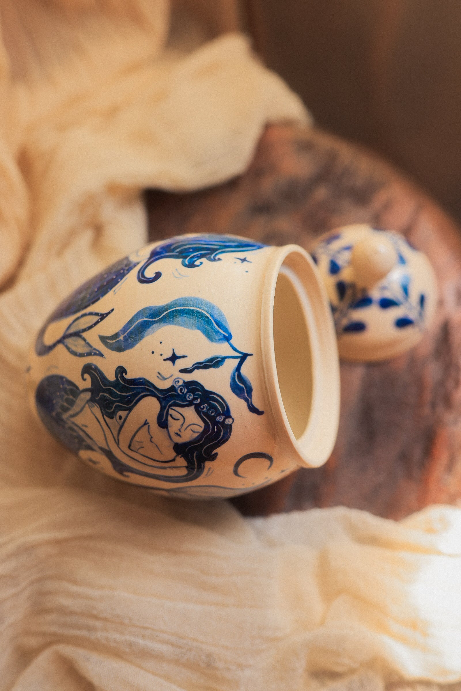 Painted Porcelain Maidens of the Sea Jar in Cobalt Blue