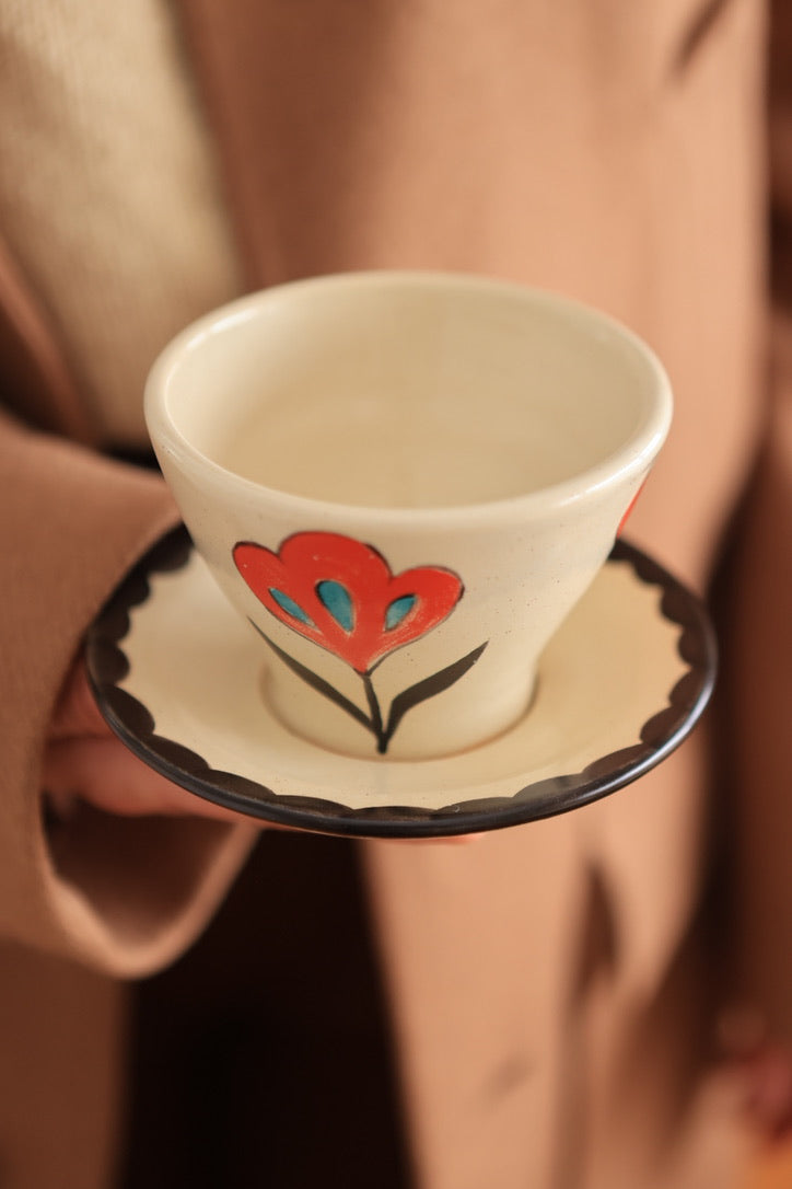 Folkware Orange Meadow Flower Cup and Saucer Set 8 oz