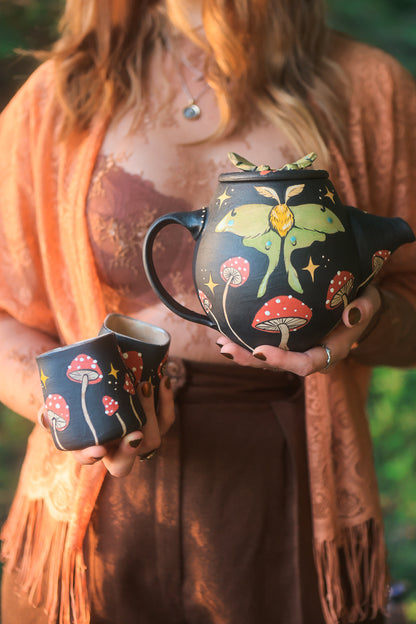 Midnight Autumn Luna Moths &amp; Mushrooms Teapot Set