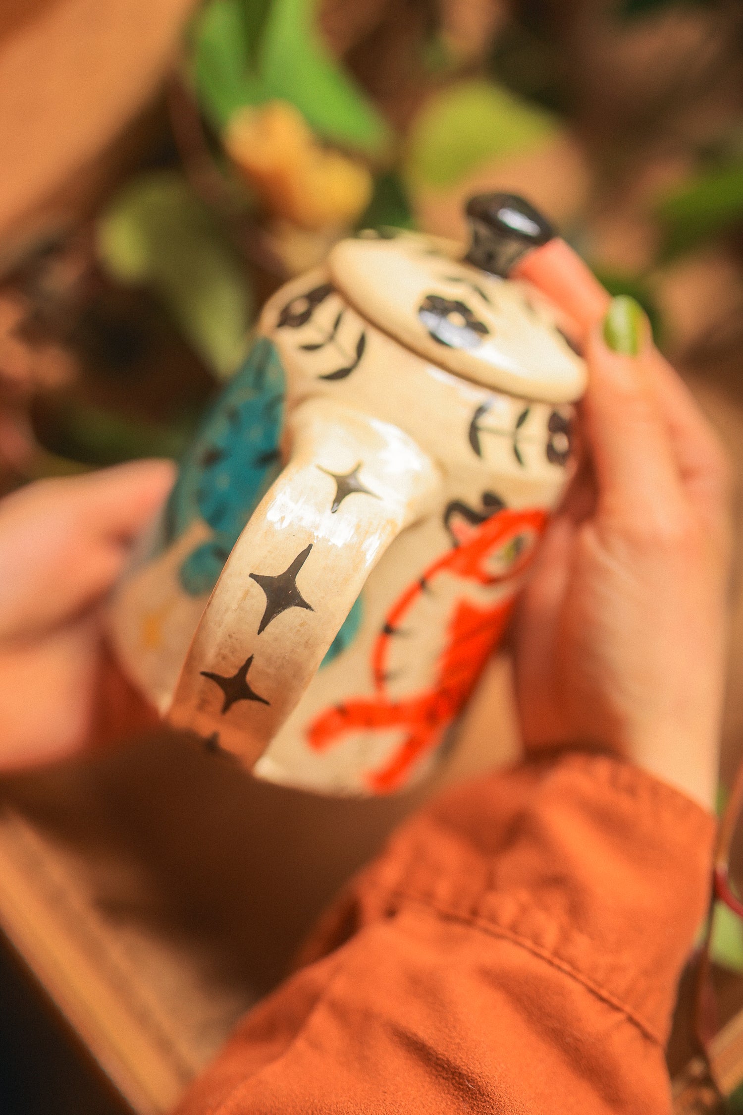 Painted Royal Saffron &amp; Turquoise Tiger Temple Guardians Teapot in Stoneware