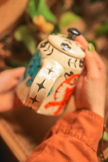 Painted Royal Saffron &amp; Turquoise Tiger Temple Guardians Teapot in Stoneware