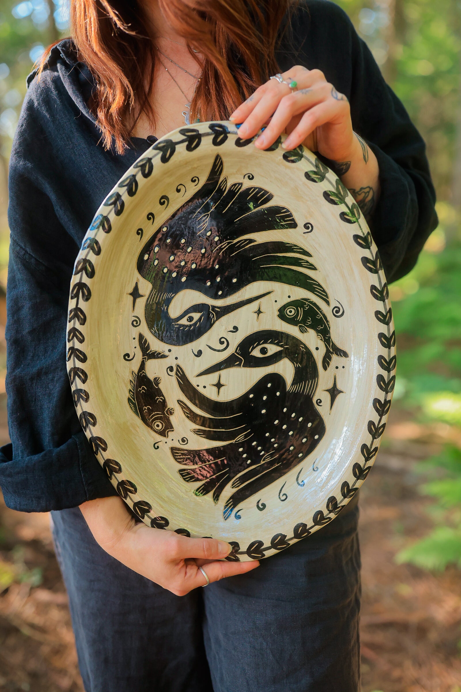 Painted Stoneware Swimming Loons Serving Platter in Washed Ink