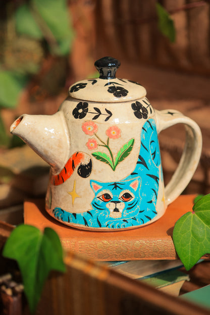Painted Royal Saffron &amp; Turquoise Tiger Temple Guardians Teapot in Stoneware