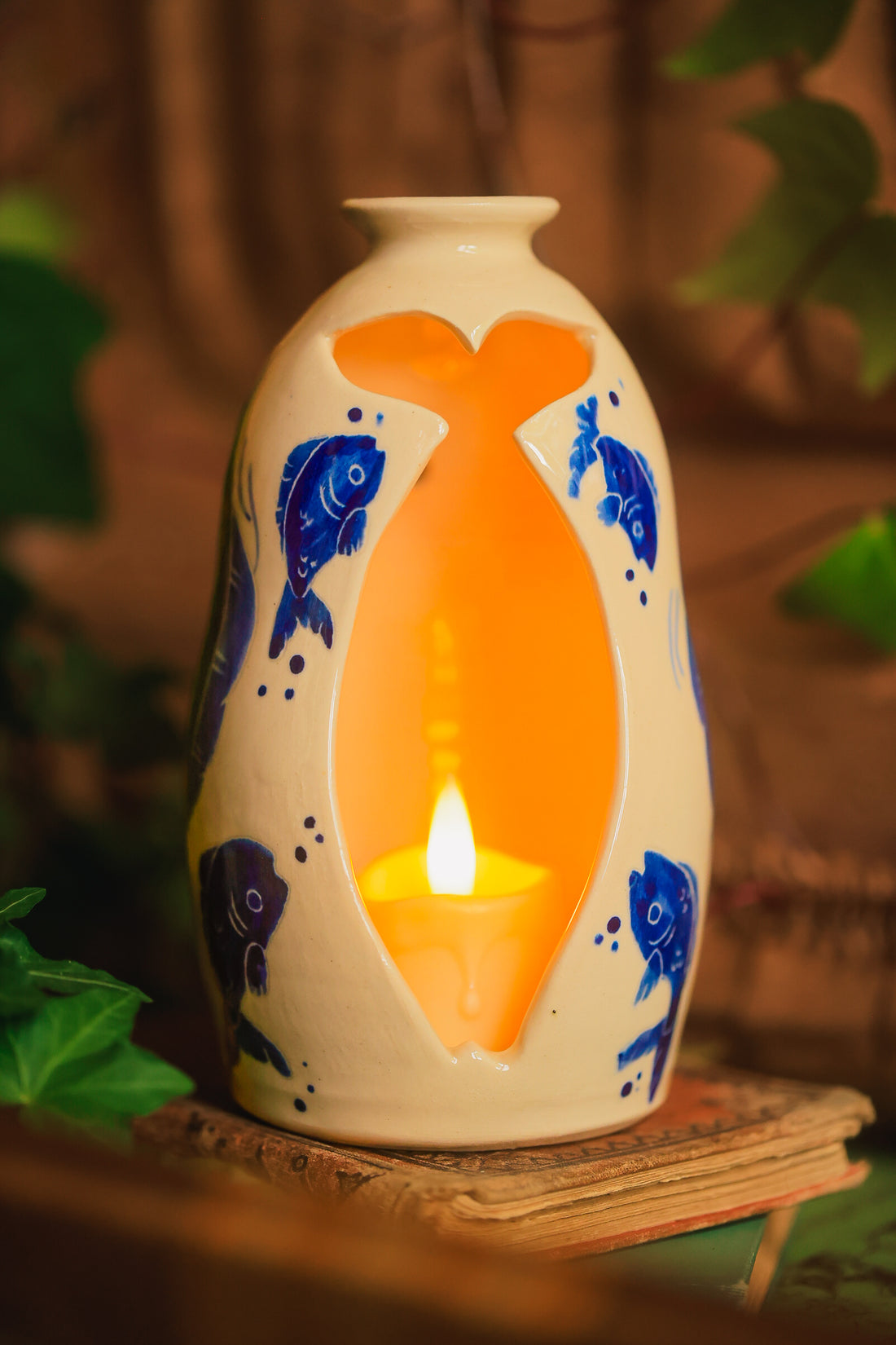 Painted Summer Fishies Candelaria Vase in Washed Cobalt Porcelain