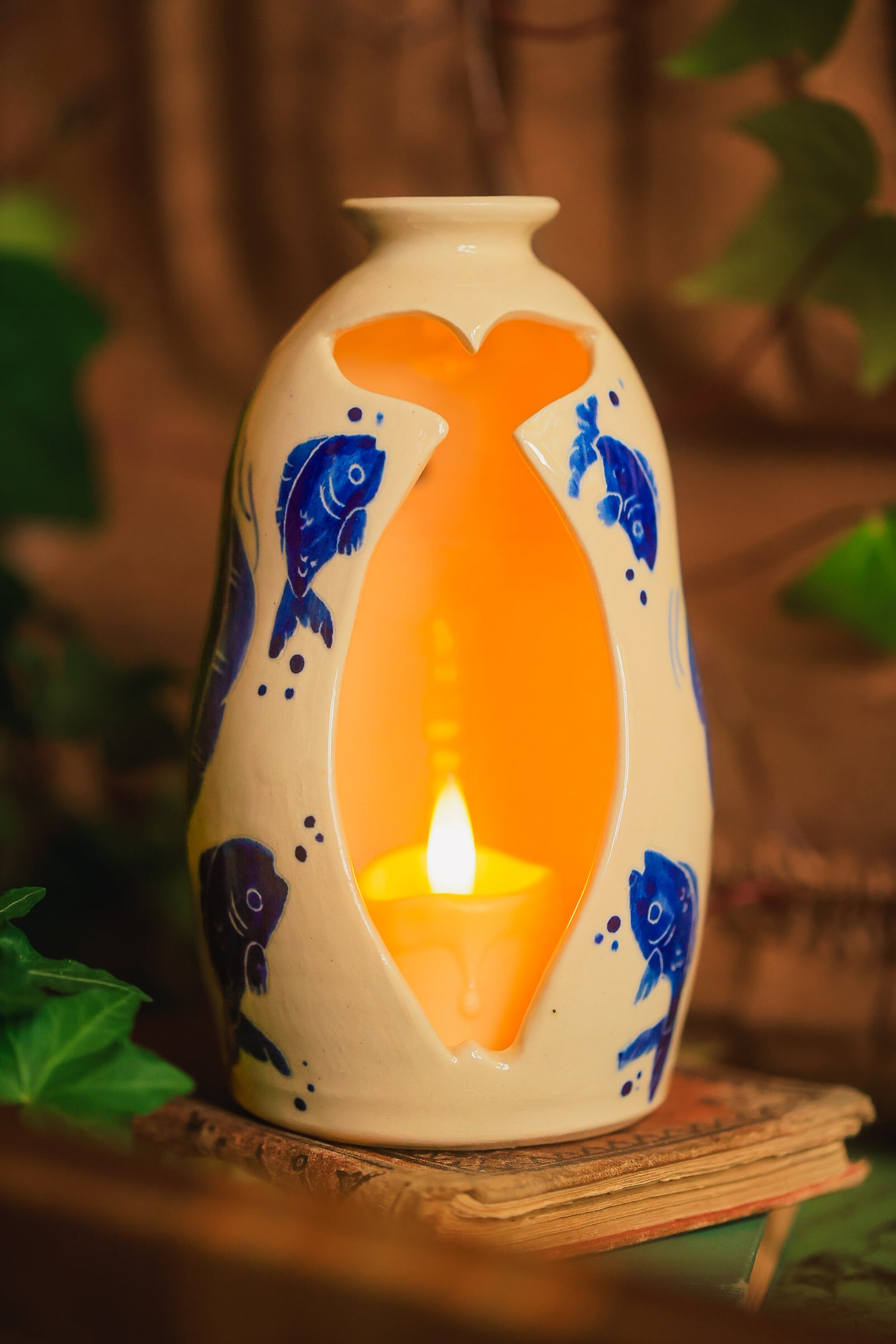 Painted Summer Fishies Candelaria Vase in Washed Cobalt Porcelain