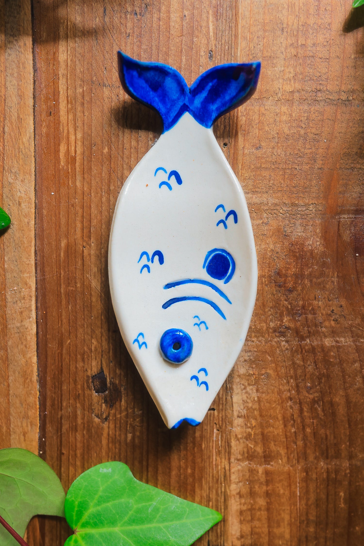 Porcelain Incense Fish Dish in Washed Cobalt