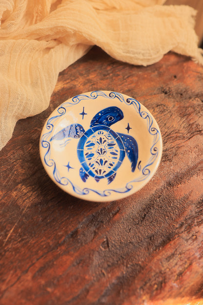 Painted Blue Porcelain Sea Turtle Trinket Dish