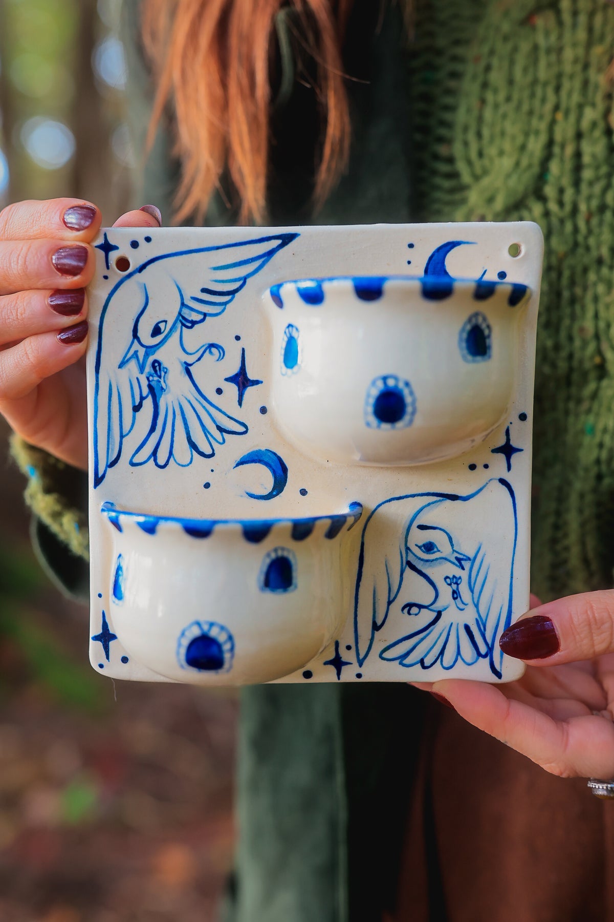 Birds of the Citadel Double Wall Pockets in Painted Blue-On-White Porcelain