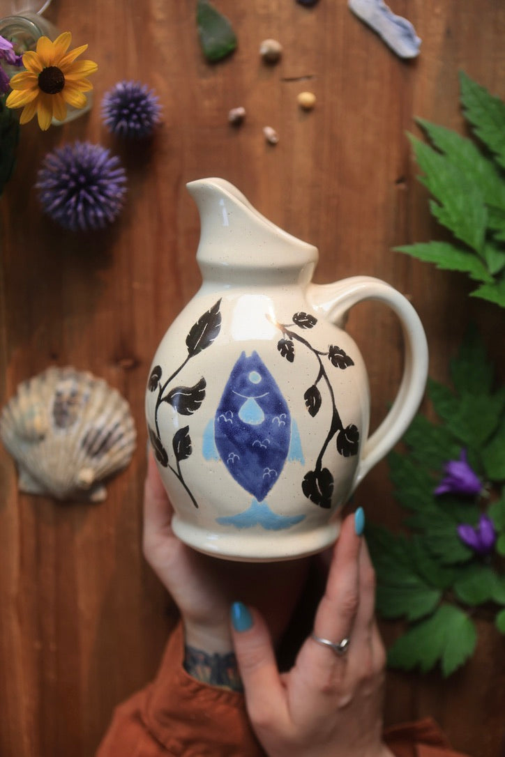 Painted Ink &amp; Indigo Fish Watering Vase in Porcelain