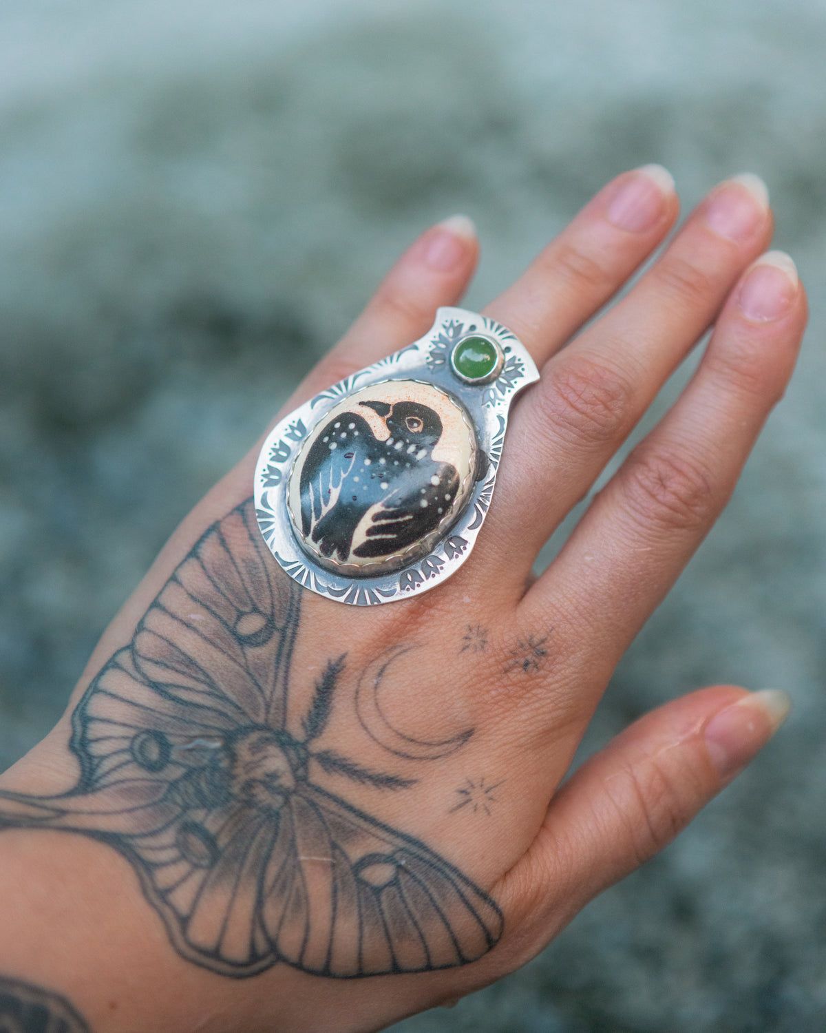 The Loon Lake Shield Ring ~ Antiqued Silver with Painted Porcelain &amp; Nephrite Jade size 6