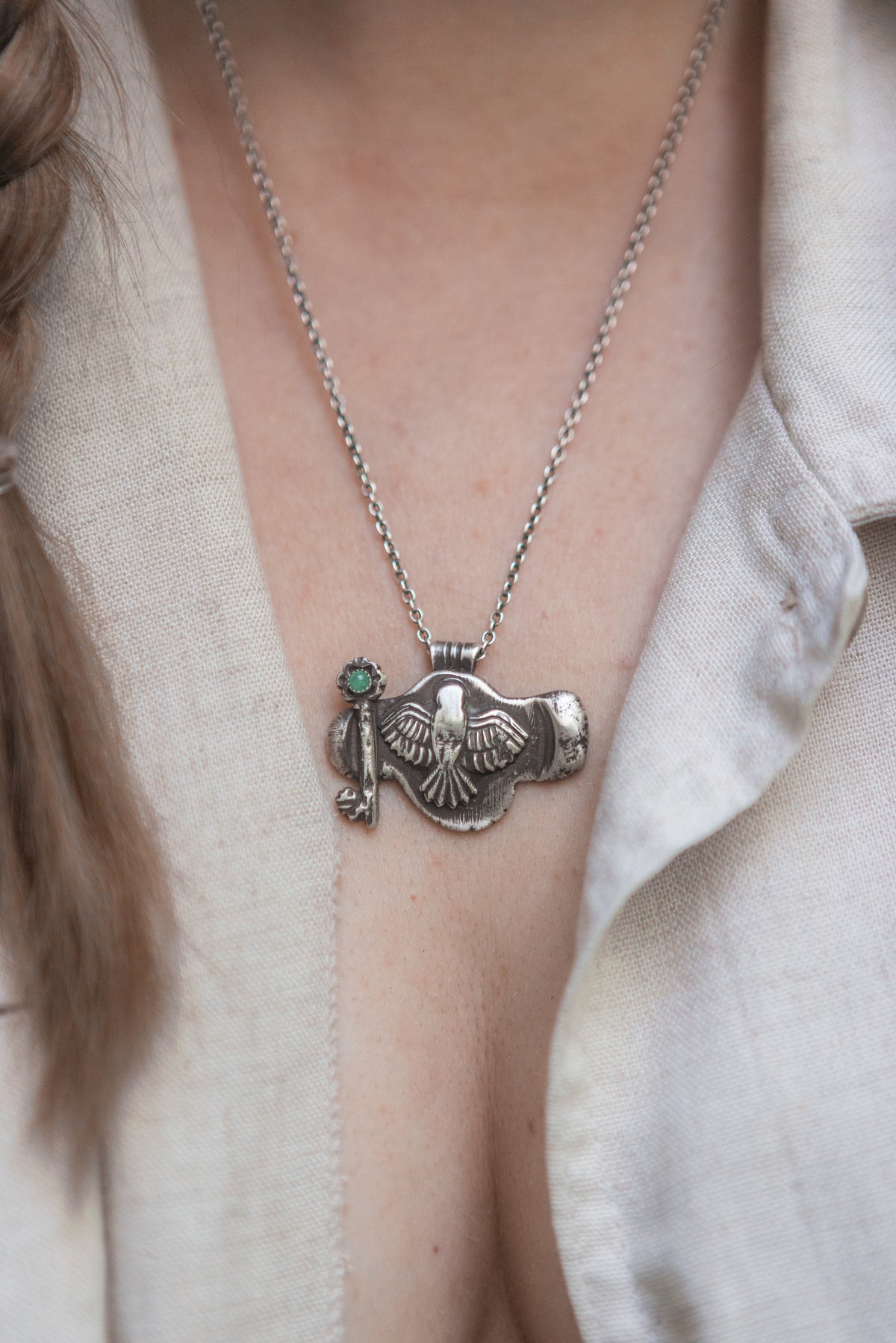 Ancient Immer Hawk Amulet - Antiqued Silver with Emerald